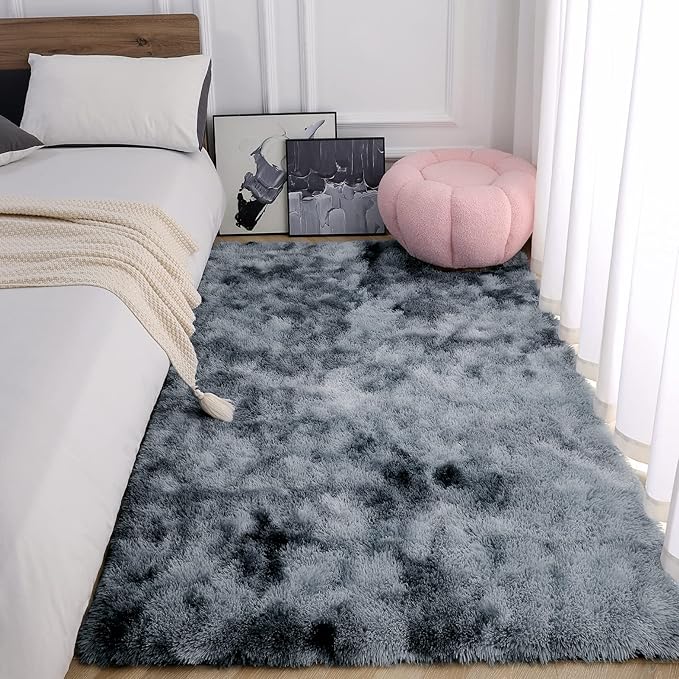 AROGAN Soft Rainbow Area Rugs for Girls Room, Fluffy Girls Bedroom Rugs, Princess Rug, Cute Colorful Carpet for Kids Teens Nursery Toddler (Blue-Grey, 4×6 Feet) - LeafyLoom