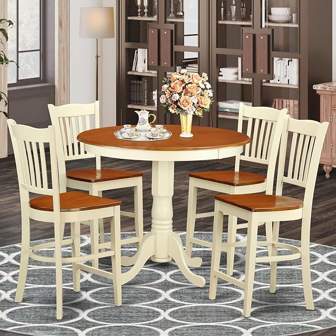East West Furniture JAGR5-WHI-W 5 Piece Kitchen Counter Set Includes a Round Dining Room Table with Pedestal and 4 Dining Chairs, 36x36 Inch, Buttermilk & Cherry - LeafyLoom
