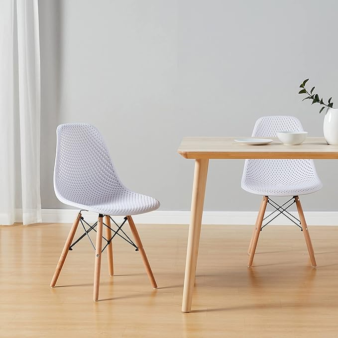 CangLong Dining Mid Century Modern Hollow Back Design Plastic Shell Armless Side Chair with Beech Wood Legs, Set of 2, White 1 - LeafyLoom