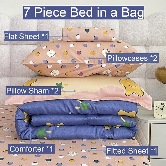 Kids Moon Stars Cloud Comforter Set Twin size - 7 Piece Rainbow Kawaii Bedding Set Bed in A Bag for Girls Boys Teens - Goodnight Moon Neutral Soft Comfortable Machine Washable Bed Set - LeafyLoom