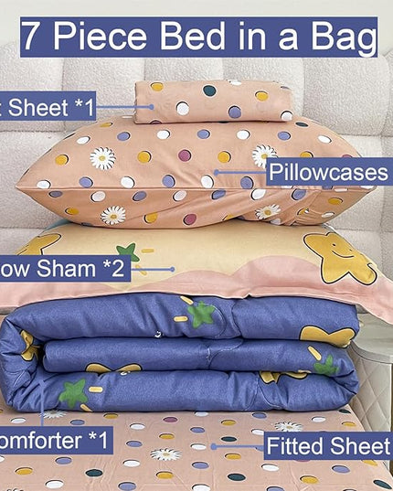 Kids Moon Stars Cloud Comforter Set Full size - 7 Piece Rainbow Kawaii Bedding Set Bed in A Bag for Girls Boys Teens - Goodnight Moon Neutral Soft Comfortable Machine Washable Bed Set - LeafyLoom