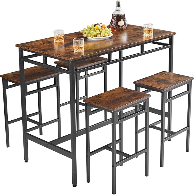 NicBex Dining Table Set for 4 Kitchen Table Set Bar Table Set 5Pc Dinging Table Set with High Stools for Dining Room, Small Space, Apartment, Structural Strengthening, Industrial Style, Rustic Brown - LeafyLoom