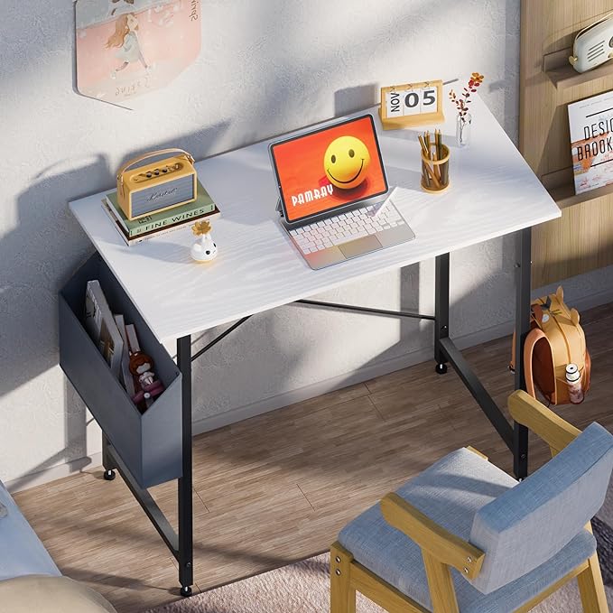 Pamray 32 Inch Computer Desk for Small Spaces with Storage Bag, Home Office Work Desk with Headphone Hook, Small Office Desk Study Writing Table - LeafyLoom