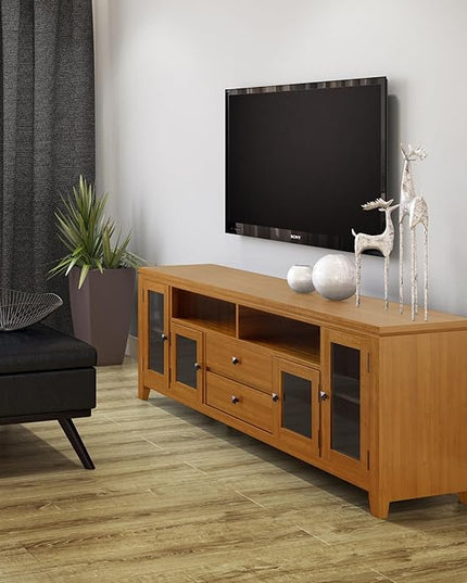 SIMPLIHOME Cosmopolitan SOLID WOOD 72 Inch Wide Contemporary TV Media Stand in Light Golden Brown for TVs up to 80 Inch, For the Living Room and Entertainment Center - LeafyLoom