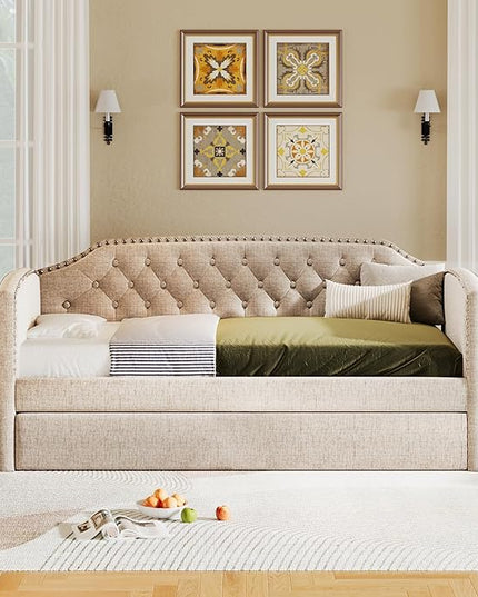 Merax Linen Upholstered Daybed with Twin Size Trundle Bed, Daybed Frame with Button Tufting for Living Room,Guest Room,Wood Slat Support, Beige - LeafyLoom