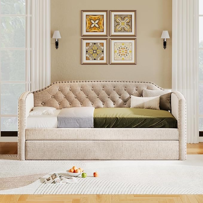 Merax Linen Upholstered Daybed with Twin Size Trundle Bed, Daybed Frame with Button Tufting for Living Room,Guest Room,Wood Slat Support, Beige - LeafyLoom
