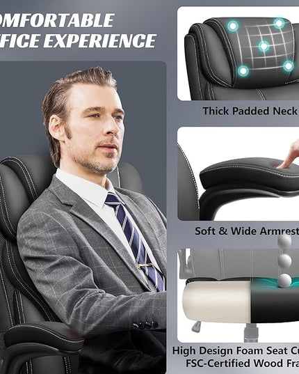 Office Chair, Ergonomic Big and Tall Computer Desk Chairs, Executive Breathable Leather Chair with Adjustable High Back Flip-up Armrests, Lumbar Support Swivel PC Chair with Rocking Function - LeafyLoom