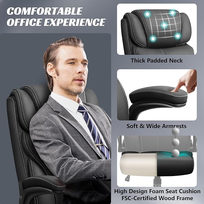 Office Chair, Ergonomic Big and Tall Computer Desk Chairs, Executive Breathable Leather Chair with Adjustable High Back Flip-up Armrests, Lumbar Support Swivel PC Chair with Rocking Function - LeafyLoom