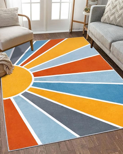 Topotdor Sun Rainbow Area Rug 4 x 6ft Boho Kids Nursery Rug, Colorful Washable Area Rug Ultra Soft Circle Classroom Rug Non-Slip for Bedroom Living Room Playroom Decor, Blue - LeafyLoom