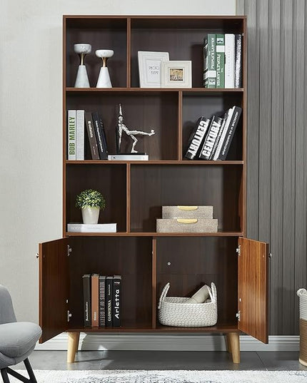 Modern Bookcase with 2 Doors, Wooden Bookshelf Library with 6 Storage Cabinet for Home Office (Walnut) - LeafyLoom