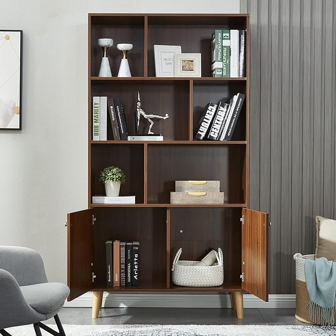 Modern Bookcase with 2 Doors, Wooden Bookshelf Library with 6 Storage Cabinet for Home Office (Walnut) - LeafyLoom