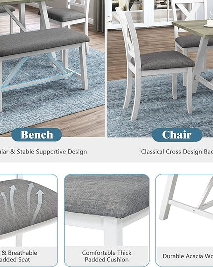 Rustic Style Spacious 4 Chair and Multifunctional Bench, Long-Lasting Solid Rubber Wood Room, Kitchen, 6 Piece Dining Table Set, White 18 - LeafyLoom