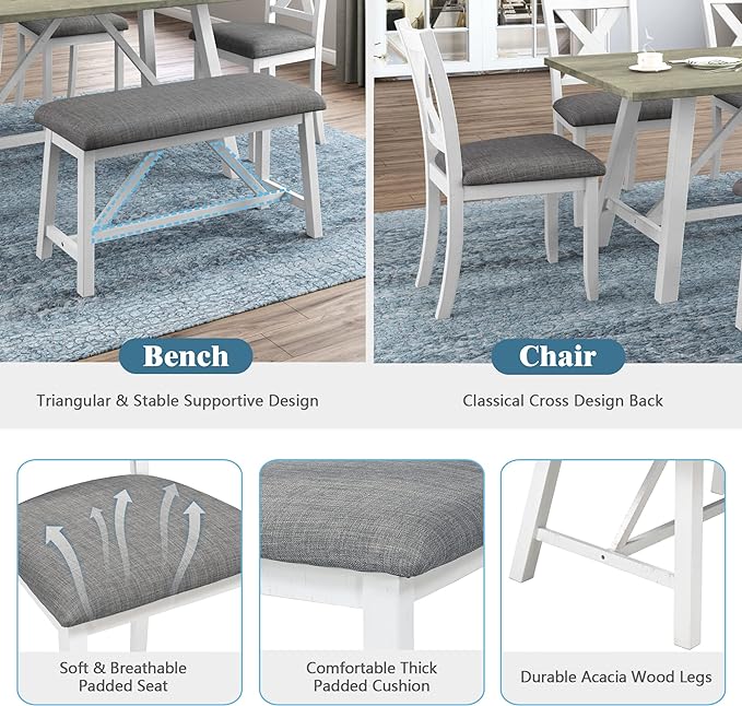 Dining Room Table Set for 6, Wood Kitchen Table Set with 4 Upholstered Chairs & 1 Padded Bench, 6-Piece Rustic Style Dining Table and Chairs for Kitchen, Dining Room, White+Grey - LeafyLoom