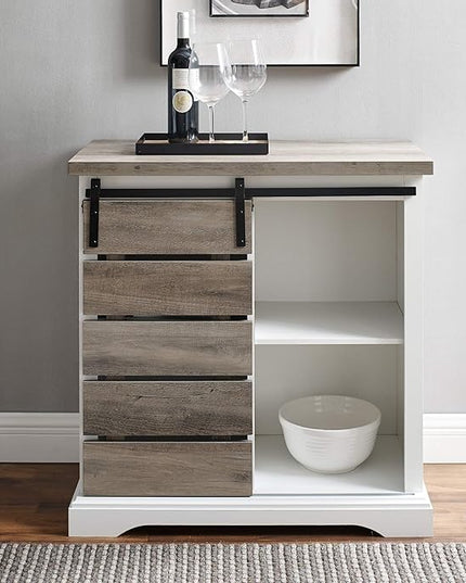 Walker Edison Willa Modern Farmhouse Sliding Single Slat Door Storage Console, 32 Inch, White and Grey Wash - LeafyLoom