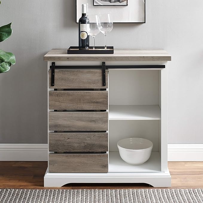 Walker Edison Willa Modern Farmhouse Sliding Single Slat Door Storage Console, 32 Inch, White and Grey Wash - LeafyLoom