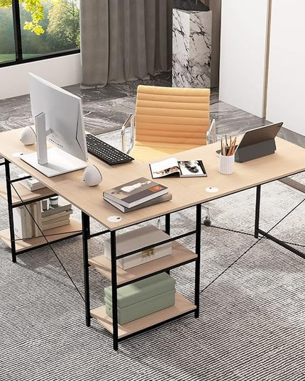 L-Shaped Home Office Desk, Corner Computer Desk w/Monitor Stand, Reversible PC Desk w/Heavy-Duty Metal Frame, Long Office Desk for 2 Person, Space-Saving Design (Natural) - LeafyLoom