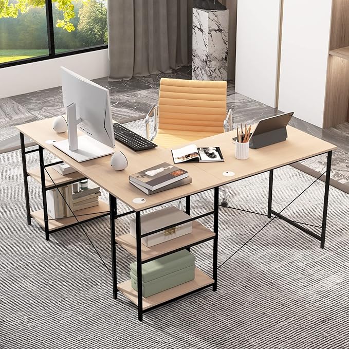 L-Shaped Home Office Desk, Corner Computer Desk w/Monitor Stand, Reversible PC Desk w/Heavy-Duty Metal Frame, Long Office Desk for 2 Person, Space-Saving Design (Natural) - LeafyLoom