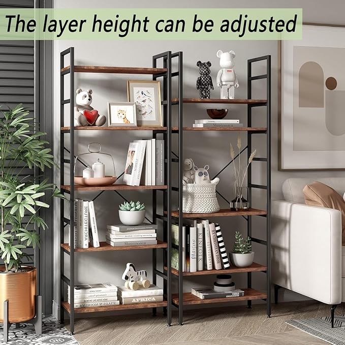 5 Tier Tall BookShelf,Bookcase with Steel Frame,Home Office Modern Bookcase Shelf for Bedroom/Living Room/Home Office - Rustic Brown Storage Rack for Books,Garage Kit, CDs and Movies - LeafyLoom