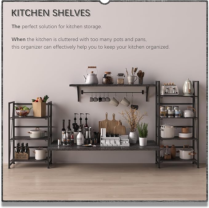4NM No-Assembly Folding Bookshelf Storage Shelves 3 Tiers Vintage Bookcase Standing Racks Study Organizer Home Office (Gray and Black) - LeafyLoom