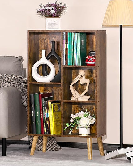 LEYAOYAO 5 Cube Small Bookshelf,3 Tier Mid-Century Bookcase with Legs,Wood Bookshelves Storage Organizer Shelf,Narrow Book Shelves,Brown Bookcases - LeafyLoom