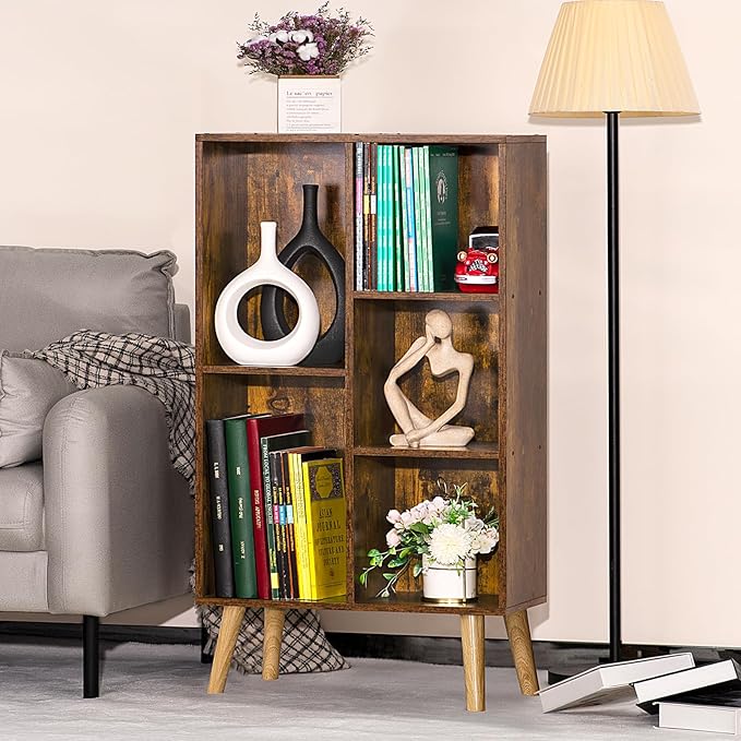 LEYAOYAO 5 Cube Small Bookshelf,3 Tier Mid-Century Bookcase with Legs,Wood Bookshelves Storage Organizer Shelf,Narrow Book Shelves,Brown Bookcases - LeafyLoom