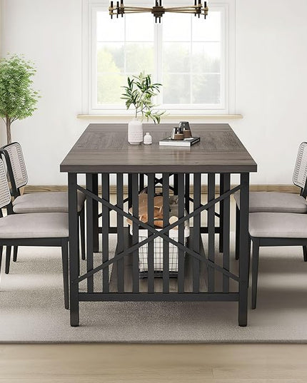 DWVO 70.8" Large Kitchen Dining Table for 6-8 People, Farmhouse Industrial Kitchen Table with Storage, Rectangle Apartment Rustic Dinning Room Dinette Tables for Eating Dinner - LeafyLoom
