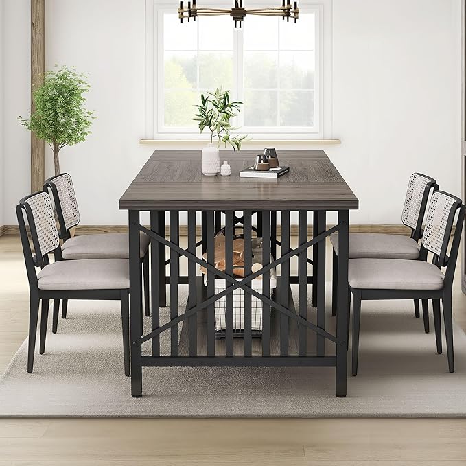 DWVO 70.8" Large Kitchen Dining Table for 6-8 People, Farmhouse Industrial Kitchen Table with Storage, Rectangle Apartment Rustic Dinning Room Dinette Tables for Eating Dinner - LeafyLoom