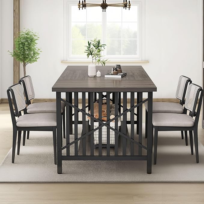 DWVO 70.8" Large Kitchen Dining Table for 6-8 People, Farmhouse Industrial Kitchen Table with Storage, Rectangle Apartment Rustic Dinning Room Dinette Tables for Eating Dinner - LeafyLoom
