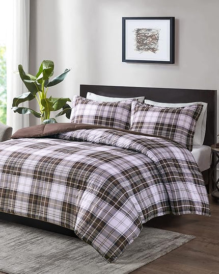 Madison Park Essentials Parkston Plaid Comforter, Matching Sham, 3M Scotchguard Stain Release Cover, Hypoallergenic All Season Bedding-Set, Twin/ Twin XL, Brown, 2 Piece - LeafyLoom