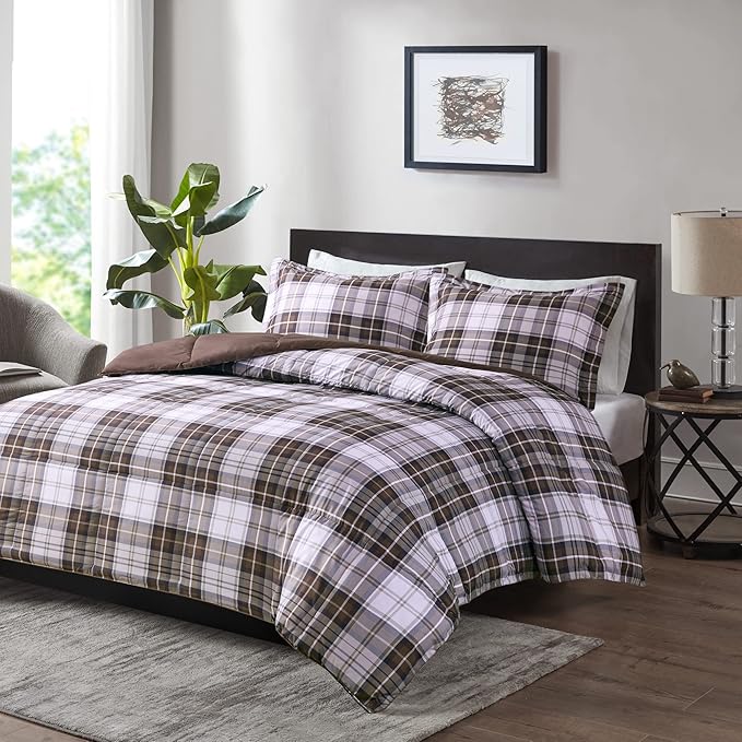 Madison Park Essentials Parkston Plaid Comforter, Matching Sham, 3M Scotchguard Stain Release Cover, Hypoallergenic All Season Bedding-Set, Twin/ Twin XL, Brown, 2 Piece - LeafyLoom