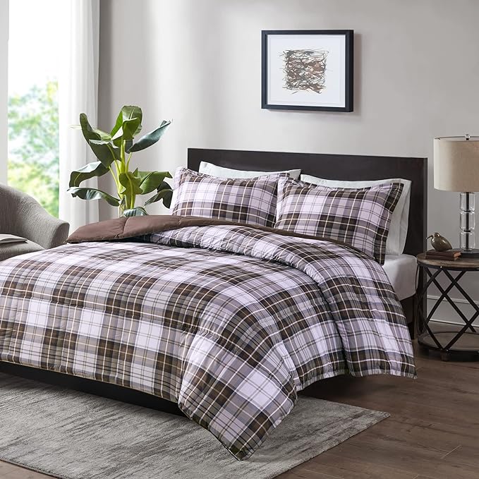 Madison Park Essentials Parkston Plaid Comforter, Matching Sham, 3M Scotchguard Stain Release Cover, Hypoallergenic All Season Bedding-Set, Full/Queen, Brown, 3 Piece - LeafyLoom