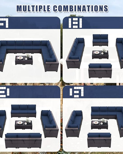 Patio Furniture Set 14-Piece Outdoor Furniture for Backyard Wicker Sectional Sofa Set, PE Rattan Patio Conversation Set 12 Seat with Thickened Cushions and Glass Coffee Tables, Navy Blue - LeafyLoom
