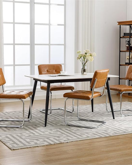 Forevich Mid Century Modern Dining Chairs Set of 4, Leather Kitchen Dining Room Side Chairs Upholstered Armless Accent Chairs with Metal Chrome Legs for Living Room, Bedroom Brown - LeafyLoom