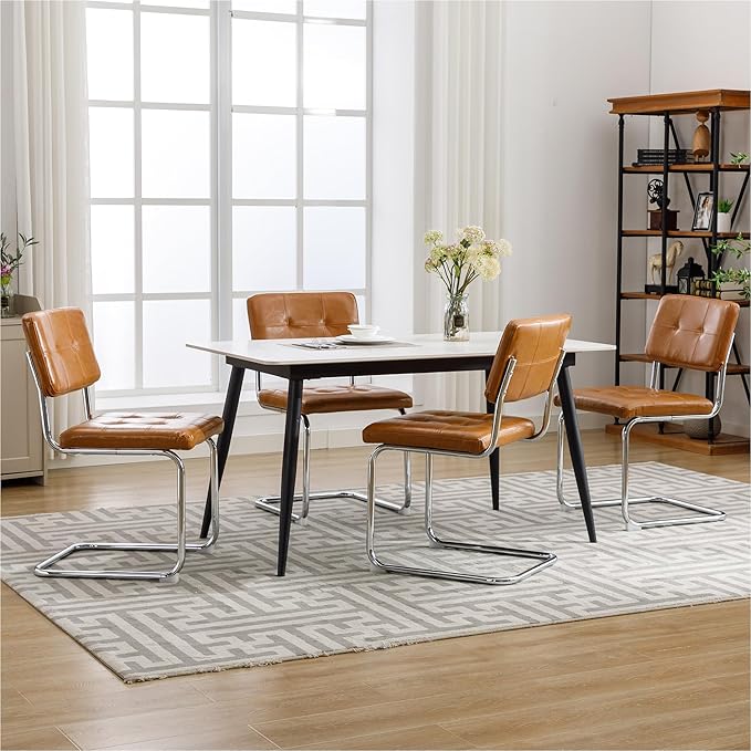 Forevich Mid Century Modern Dining Chairs Set of 4, Leather Kitchen Dining Room Side Chairs Upholstered Armless Accent Chairs with Metal Chrome Legs for Living Room, Bedroom Brown - LeafyLoom