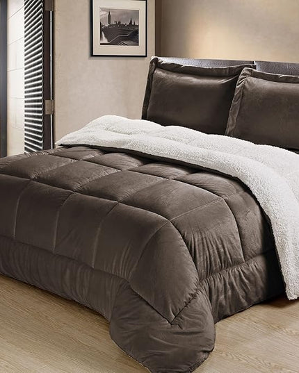 Cathay Home Queen Comforter Set: Ultra Soft and Plush Reversible Micromink and Sherpa 3-Piece Bedding Set, Chocolate, Queen (90" x 90") - LeafyLoom