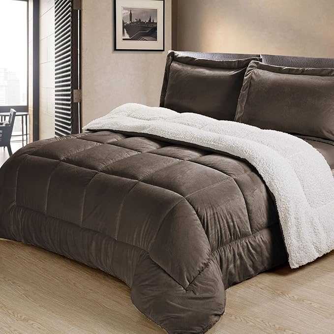 Cathay Home Queen Comforter Set: Ultra Soft and Plush Reversible Micromink and Sherpa 3-Piece Bedding Set, Chocolate, Queen (90" x 90") - LeafyLoom