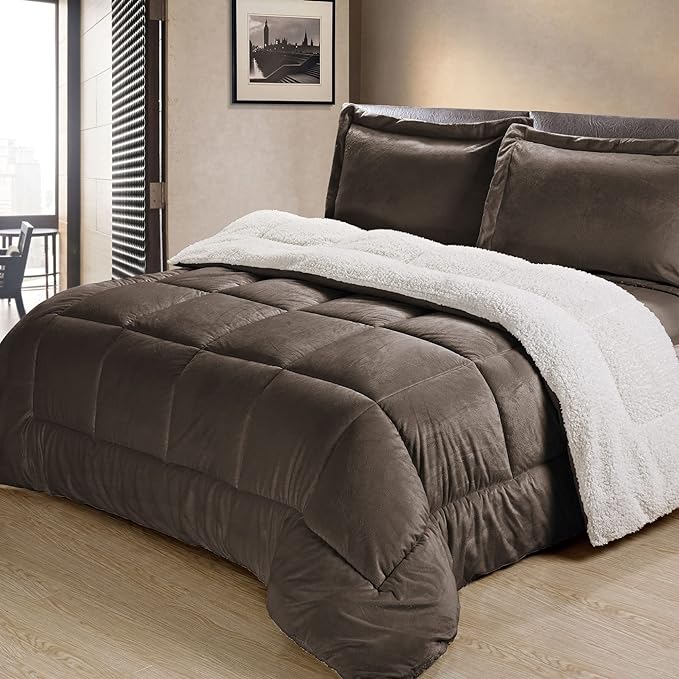 Cathay Home King Comforter Set: Ultra Soft and Plush Reversible Micromink and Sherpa 3-Piece Bedding Set, Chocolate, King (102" x 90") - LeafyLoom