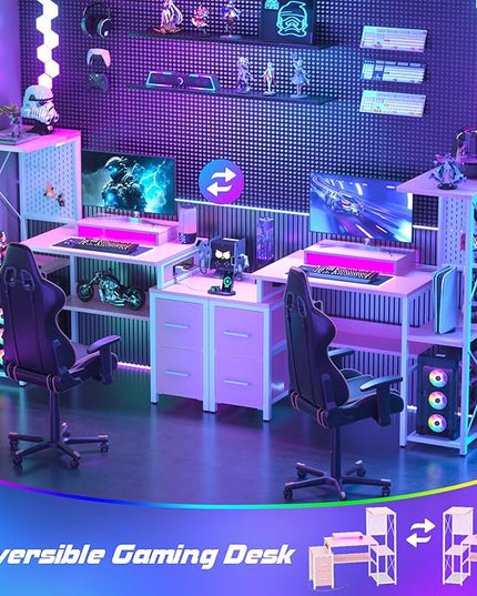 Small Gaming Desk with 2 Fabric Drawers - Reversible Computer Desk with Power Outlet & LED Lights, 49" Office Desk with Monitor Stand & Storage Shelves, Writing Study Table with Pegboard, Pink - LeafyLoom