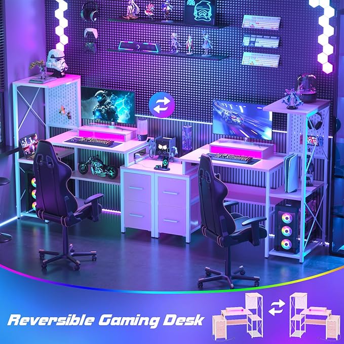 Small Gaming Desk with 2 Fabric Drawers - Reversible Computer Desk with Power Outlet & LED Lights, 49" Office Desk with Monitor Stand & Storage Shelves, Writing Study Table with Pegboard, Pink - LeafyLoom