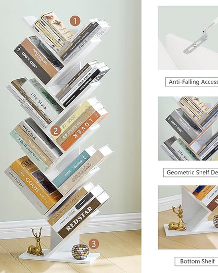 Hoctieon 10 Tier Tree Bookshelf, 10 Shelf Bookcase, Free Standing Tree Bookcase, Display Floor Standing Shelf for Books, Book Shelf Organizer, White - LeafyLoom