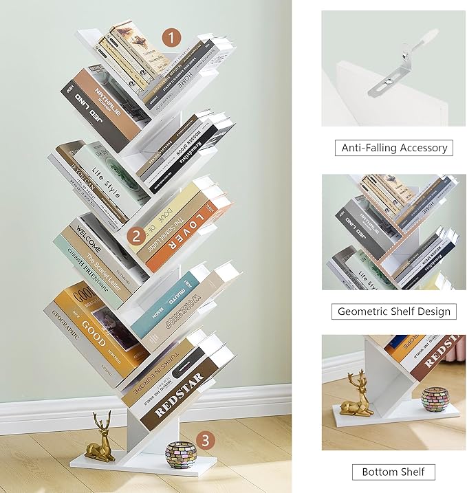 Hoctieon 10 Tier Tree Bookshelf, 10 Shelf Bookcase, Free Standing Tree Bookcase, Display Floor Standing Shelf for Books, Book Shelf Organizer, White - LeafyLoom