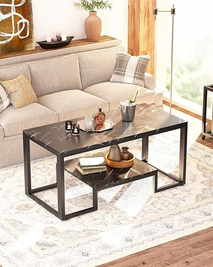 Coffee Table Black Table for Living Room,2 Tiers Rectangle Center Table with Sturdy Metal Frame,Modern Black Faux Marble Coffee Table for Bedroom Home Office - LeafyLoom