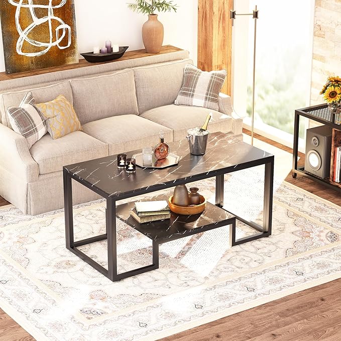 Coffee Table Black Table for Living Room,2 Tiers Rectangle Center Table with Sturdy Metal Frame,Modern Black Faux Marble Coffee Table for Bedroom Home Office - LeafyLoom