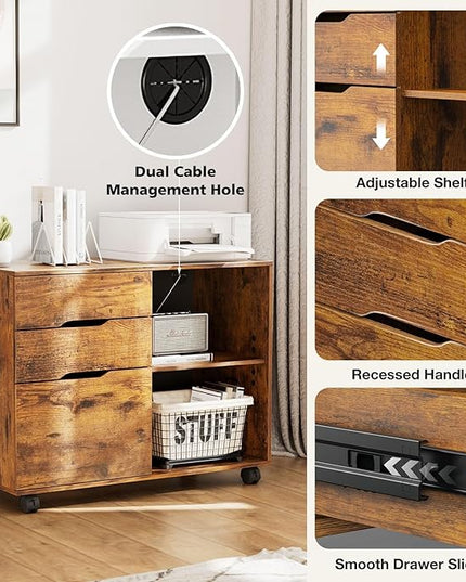 OLIXIS 3 Drawer File Cabinet Lateral Printer Stand with Adjustable Storage Shelves for Home Office Small Space, Rustic Brown - LeafyLoom