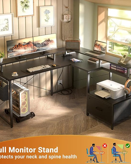 Unikito L Shaped Desk with File Drawer, Reversible L Shaped Computer Desk with Power Outlet & LED Lights, Home Office Desk Corner Desk with Monitor Shelf and Printer Cabinet, Gaming Desk, Black - LeafyLoom