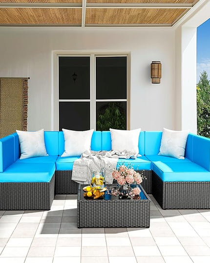 Pamapic 7-Piece Outdoor Furniture,All-Weather Wicker Modular Sectional Sofa with Patio Crystal Coffee Table, Adjustable Reclining Sectional Couch with Washable Removable Cushion Covers, Light Blue - LeafyLoom