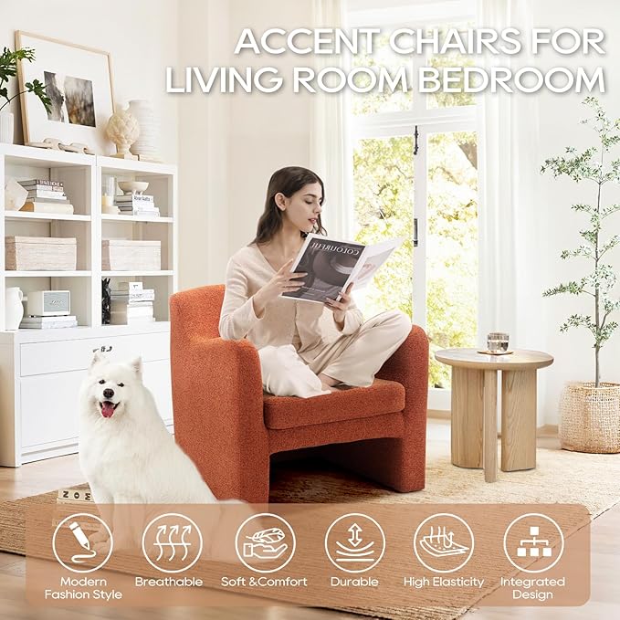 COLAMY Modern Accent Chairs Set of 2,Living Room Chairs,Soft Padded Armchair with Back,Comfy Lamb Wool Fabric Accent Chair for Living Room, Red - LeafyLoom