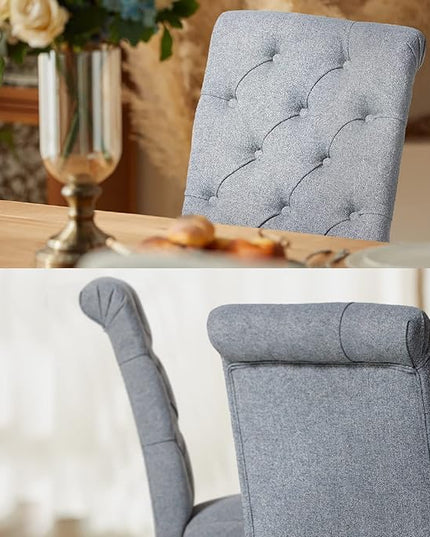 COLAMY Button Tufted Dining Chairs Set of 6, Parsons Upholstered Fabric Dining Room Chairs Kitchen Chairs with Wood Legs and Padded Seat, Blue Fishbone - LeafyLoom