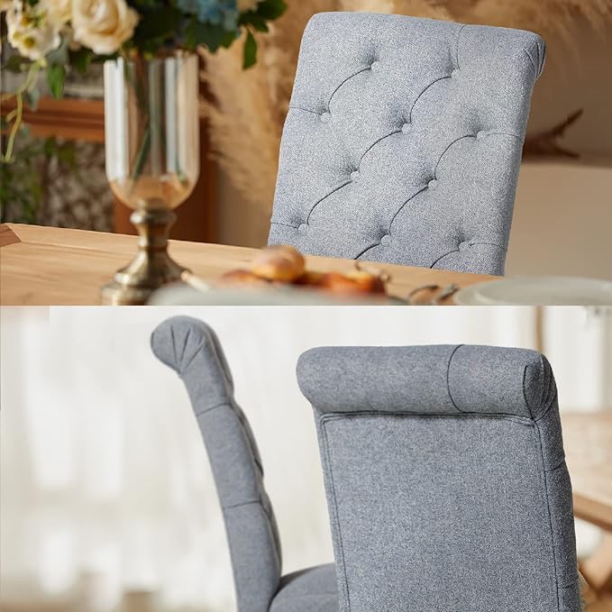 COLAMY Button Tufted Dining Chairs Set of 4, Parsons Upholstered Fabric Dining Room Chairs Kitchen Chairs with Wood Legs and Padded Seat, Blue Fishbone - LeafyLoom