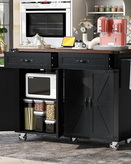 53.5'' Farmhouse Kitchen Island Cart with Power Outlet, Kitchen Island with Storage,Drop Leaf and Spice Rack, Rolling Kitchen Cart on Wheels for Home, Kitchen and Dining Room - LeafyLoom